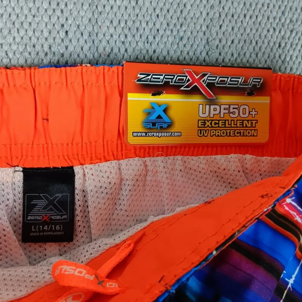 ZeroXposur Swim Trunks Boys Large 14-16 Red/Blue Pattern Drawstring Lined UPF50+